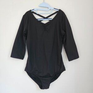 Danskin Now Girls Black 3/4 Sleeve Crossed Back Leotard Size Large (10-12)